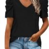 XIEERDUO Womens Summer Shirt V Neck Casual Tshirts Puff Sleeve Tops for Women Solid Color XS-3XL